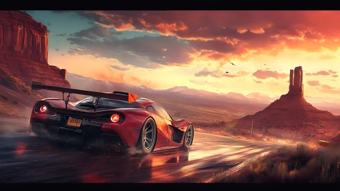 Red supercar speeds through wet desert highway at sunset.