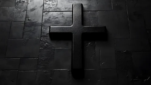 Quiet black cross resting gently on a shadowed floor.