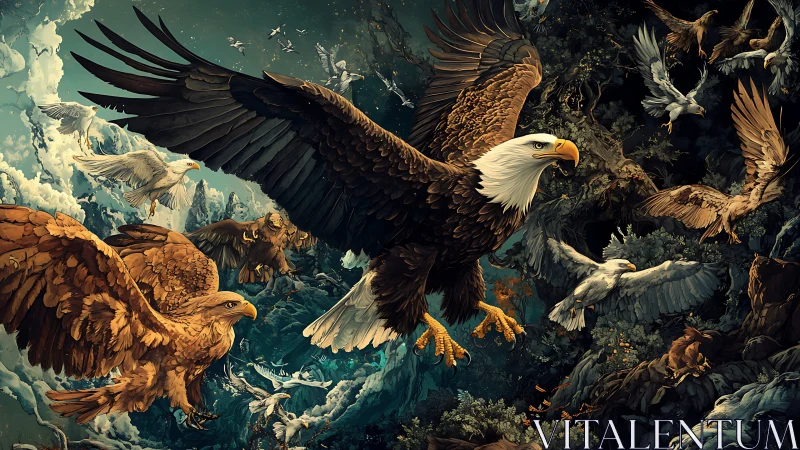 Majestic eagles soaring in vibrant fantasy forest scene illustration.