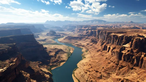 Photorealistic aerial canyon river with stratified desert cliffs.