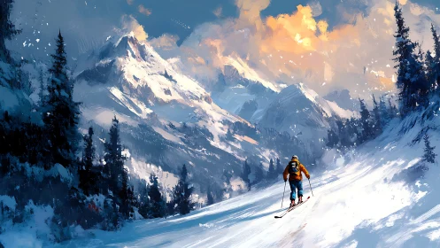 Skier Descending Snow-Covered Mountain Peak at Golden Hour