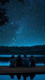 Silhouetted friends on lakeside dock observe dense starfield