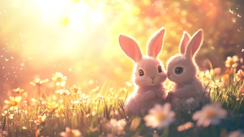 Digital depiction of three rabbits in sunlit flower meadow.