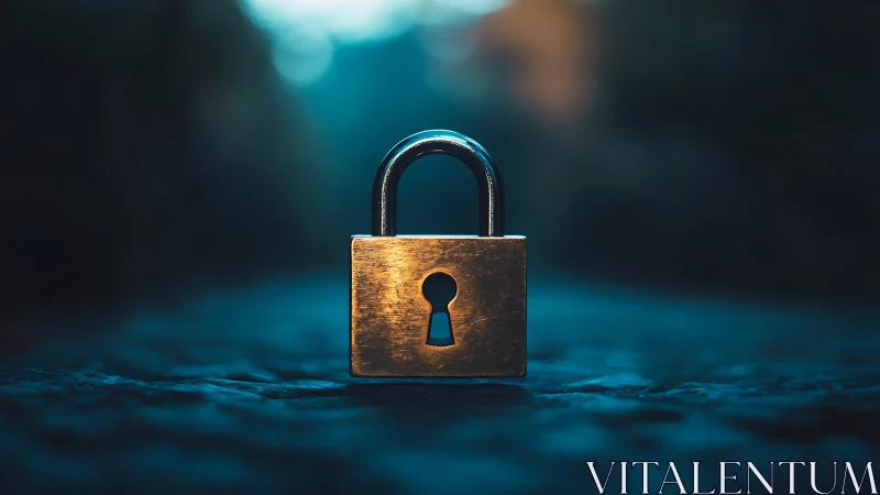 Metal padlock rests on textured ground in shallow focus
