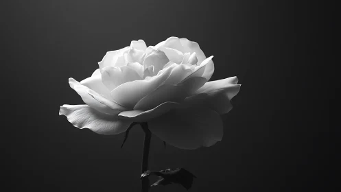 Monochrome close-up of single white rose on dark background.
