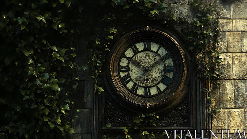 Photorealistic ivy-clad antique clock on aged stone wall.