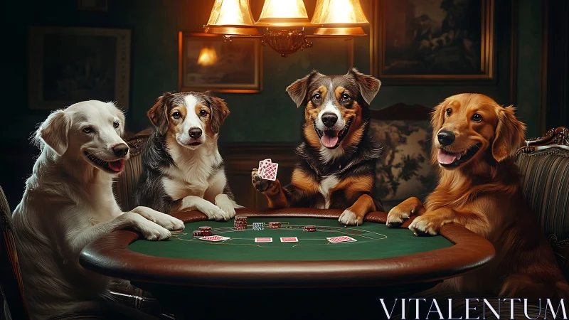 Photorealistic canine poker tableau with cinematic lighting.