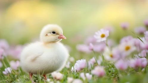 White gosling amid spring flowers. Nature portrait.