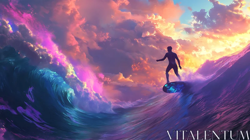 Dreamy sunset surfer riding glowing neon ocean waves.