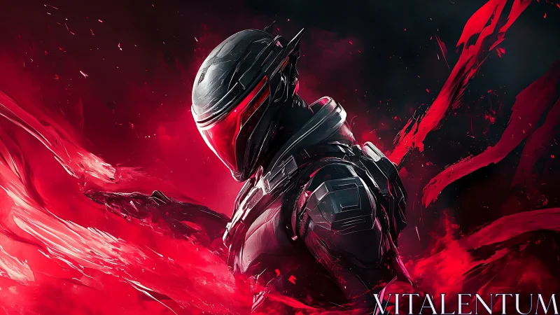 Armored cybernetic sentinel framed in turbulent crimson plasma.