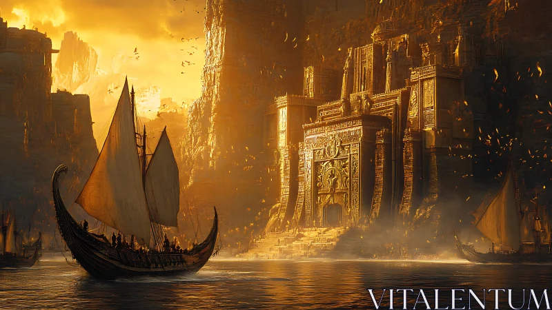 Golden harbor city welcomes tall ships at a glowing gate