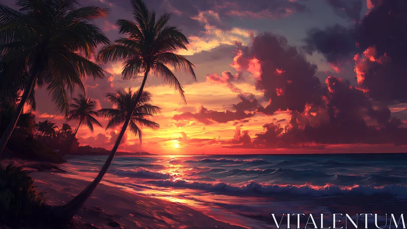Sunset-lit tropical shore with gently swaying palm trees.