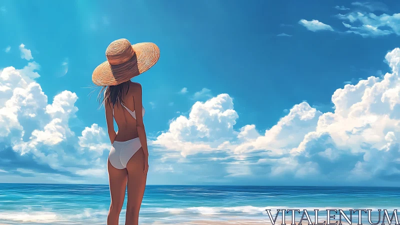 Figure in swimwear observes horizon under dense cloud formations