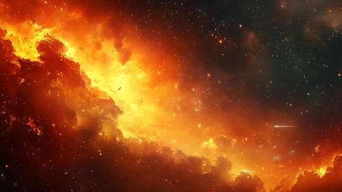 Cosmic Inferno: Stellar Nebula Eruption with Particle Cascade.