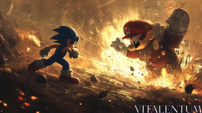 Two stylized game characters confront within an explosive crater