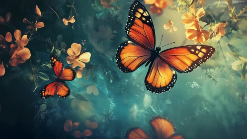 Two orange butterflies move through stylized floral foliage