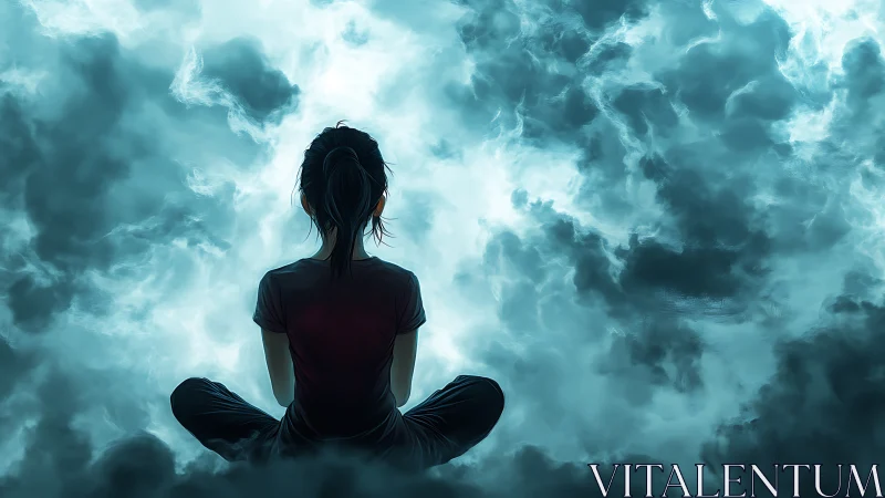 Meditating figure centers within swirling teal storm clouds.