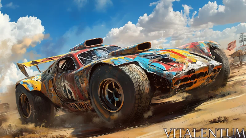 Heavily modified racing car drifts aggressively through desert