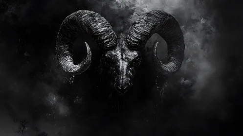 Charred ram skull rendered with high-contrast specular highlights