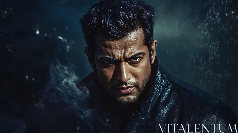 Moody male portrait under rain with intense dramatic gaze.