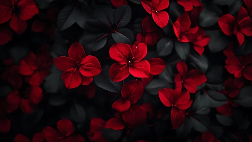 Red Flowers Against Dark Foliage. Nature Contrast.