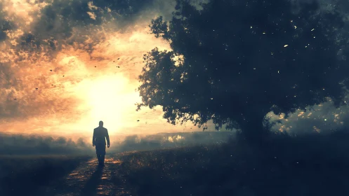 Solitary figure on path toward bright horizon at dusk.