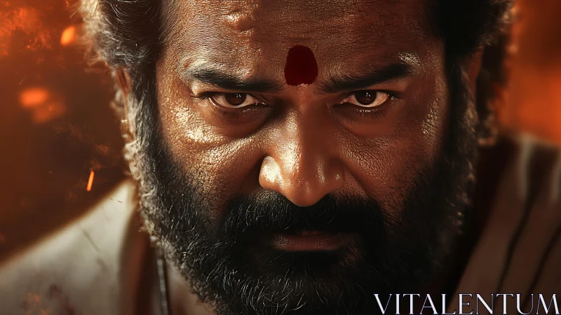 Intense bearded man stares ahead in fiery cinematic closeup.