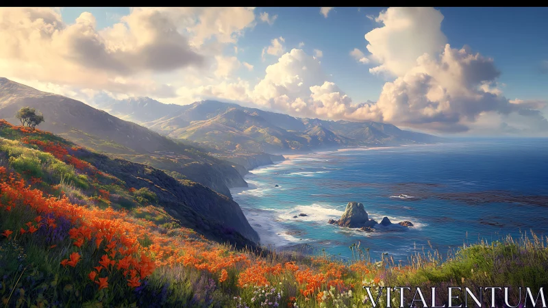 Sunlit wildflower cliffs overlooking tranquil azure coast.