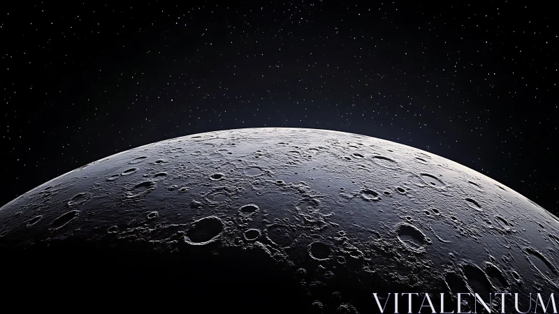 Lunar horizon rises under a star-filled cosmic sky.