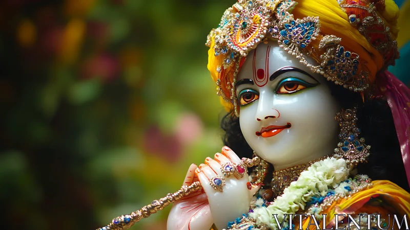 Flute-bright deity gaze in jeweled saffron serenity.