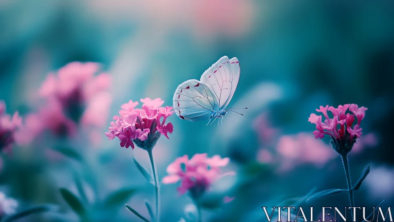 Soft pastel butterfly drifting through dreamy blooms.