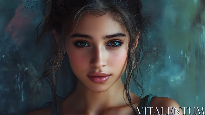 Digital portrait of young woman against textured teal wall.