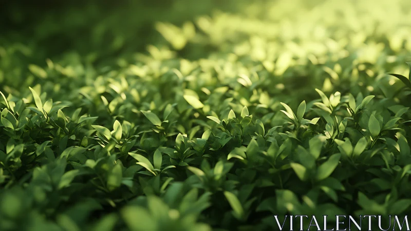 Sunlit green foliage groundcover with shallow depth of field