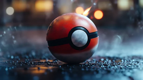 Weathered Poké ball resting in rainy neon city glow.