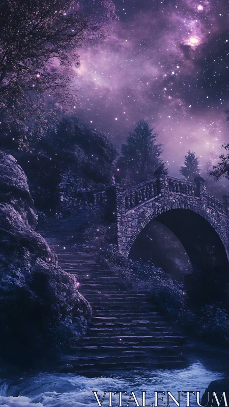Stone stairway and bridge align beneath dense star field