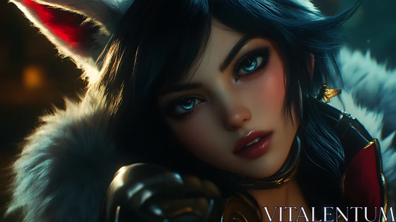 Close-up digital portrait of fantasy woman with fur hood.