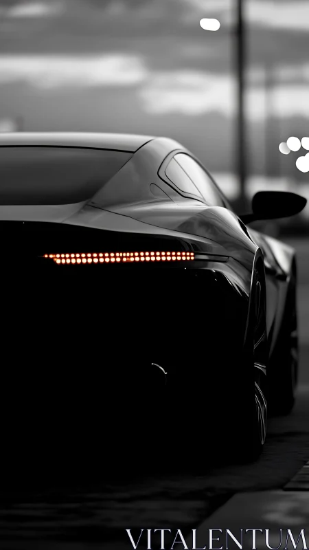 Sleek sports car rear view in dramatic low light scene.