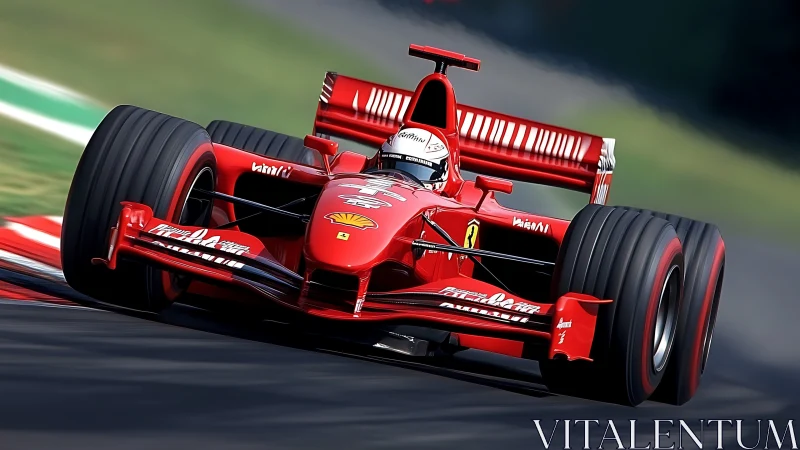 Scarlet rocket car knifes through a sunlit racing corner.