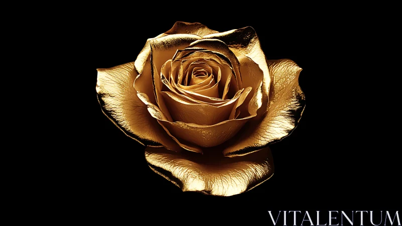 Golden metallic rose bloom on deep black background.