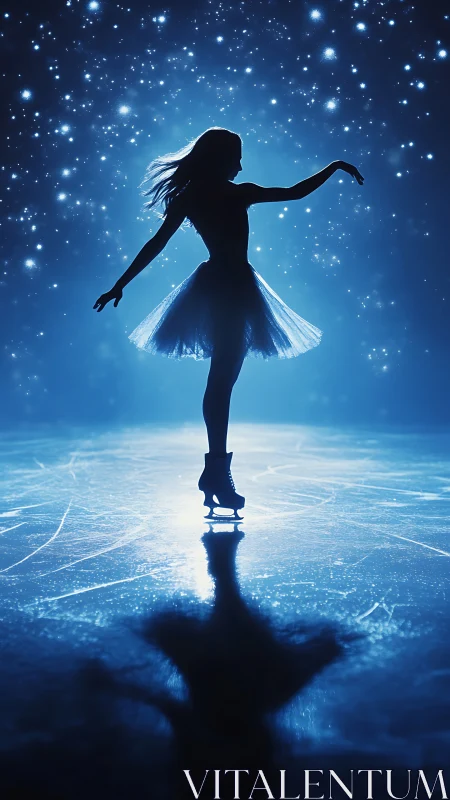 Silhouetted ice skater glides beneath a starlit blue sky.