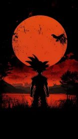 Silent warrior beneath the blood-red colossal moonrise.