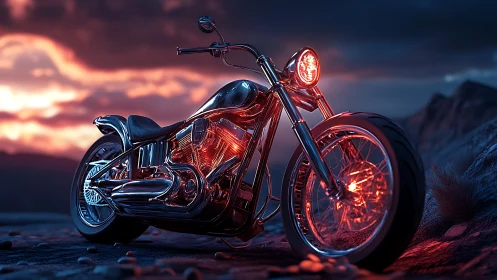 Chromed cruiser motorcycle with red underglow at twilight ridge