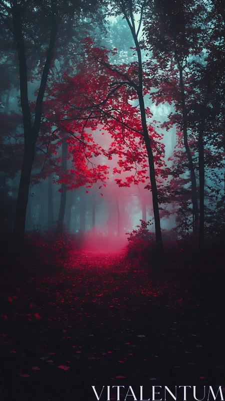 Mystical Forest Path Glowing in Red and Teal