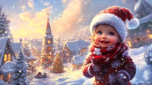 Smiling child in Santa suit overlooks glowing snowy village