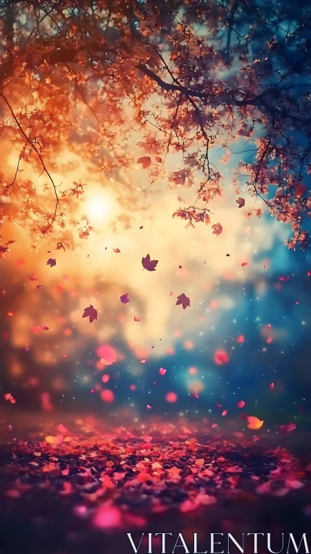 Autumn leaves drift through glowing bokeh sunset forest