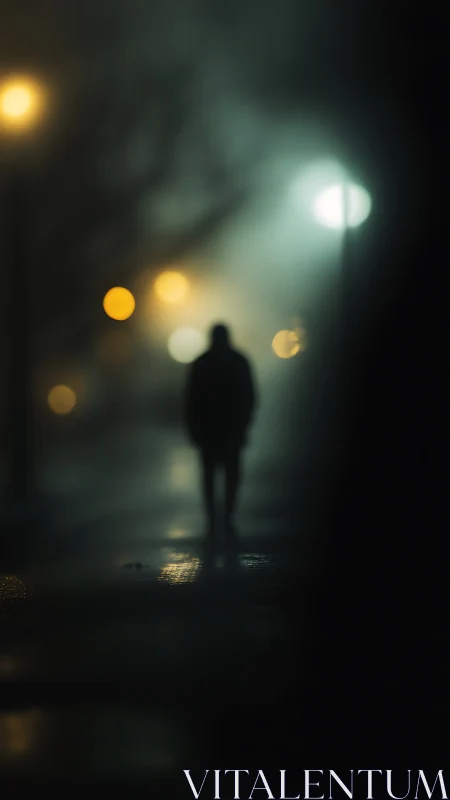 Soft streetlights guide a lone walker through misty night
