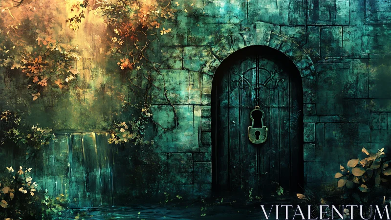 Secret ivy gate beside whispering waterfall of dusk dreams.