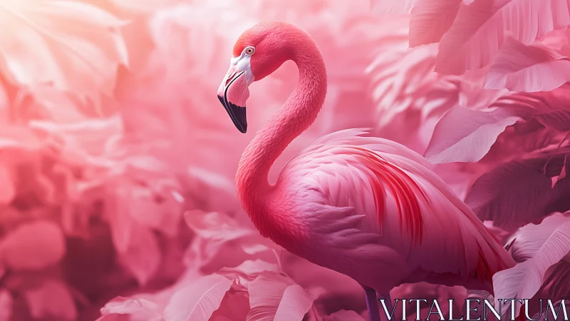 Pink flamingo in stylized tropical foliage environment.