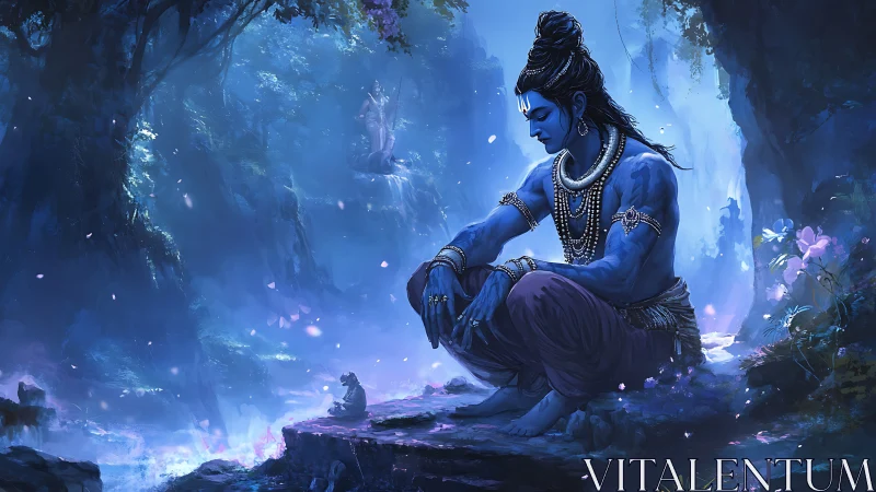 Peaceful blue deity resting in a glowing moonlit forest.