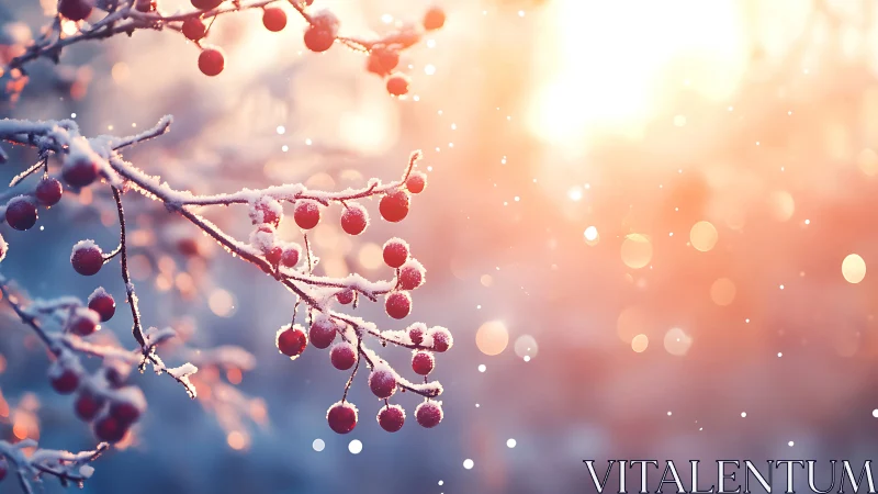 Frosted winter berries glowing in soft golden sunrise light.